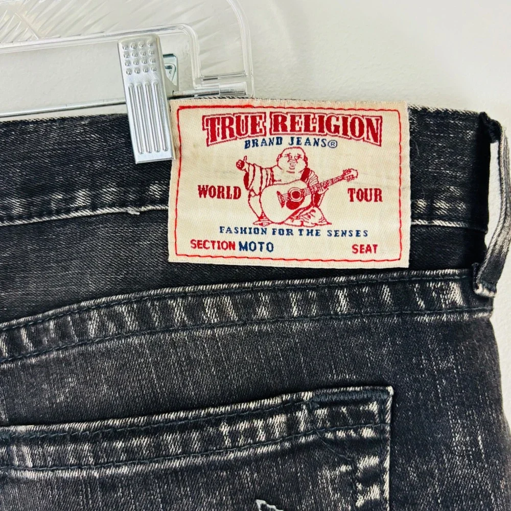 True Religion Mens Moto Black Distressed Denim Shorts Frayed Hem 42